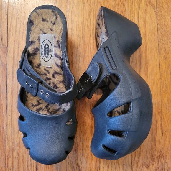 Dr Scholls Dance II Clogs 7 Fuzzy Leopard Print Lining Chunky 90s Y2K Comfort - Picture 1 of 12